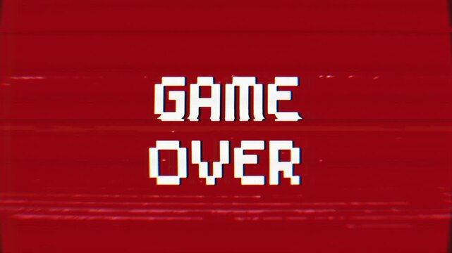 Game Over text looped animation with glitch effect on red background. 4k video resolution