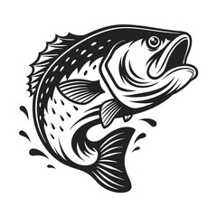 Jumping Fish Isolated On White Background Black and White Design