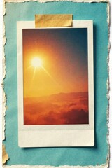 Sun-bleached polaroid secured with brown tape, corners curled, photography, warm, image