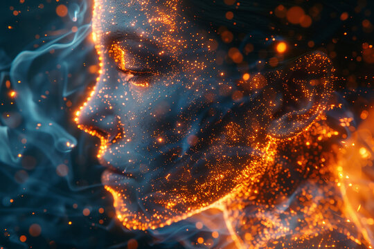 A human face made of fiery, glowing embers and smoke, signifying a transformation. A powerful visual for the evolution of consciousness, where the self is reborn into a new form of energy and awarenes