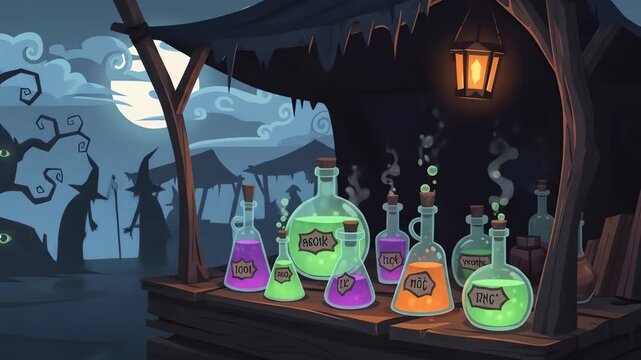 Halloween potion stall at night with a full moon and spooky trees