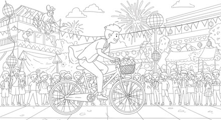Obraz premium Line art illustration of a cheerful child on a bike during a vibrant community festival with lanterns and fireworks