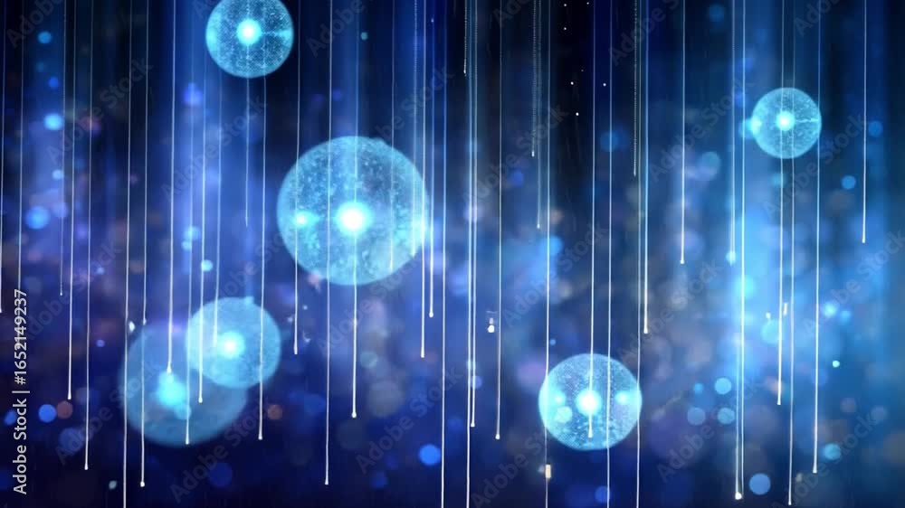 Poster celestial spheres: a mesmerizing digital rendering showcasing a network of interconnected light sphe