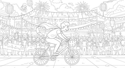 Fototapeta premium A young hero's triumphant bicycle ride through a cheering festival crowd, a joyful parade scene for coloring
