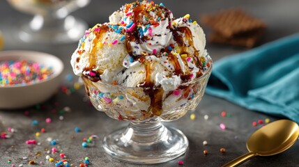 classic ice cream sundae topped with cho te syrup and colorful sprinkles, creating delightful and festive dessert experience.