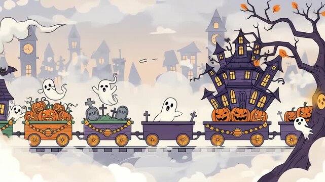 Halloween train with ghosts pumpkins and haunted houses