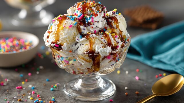 classic ice cream sundae topped with cho te syrup and colorful sprinkles, creating delightful and festive dessert experience. - Powered by Adobe