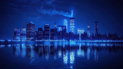 Obraz premium A stunning nighttime cityscape of New York City, reflected in the dark waters of the Hudson River, illuminated by vibrant blue lights.
