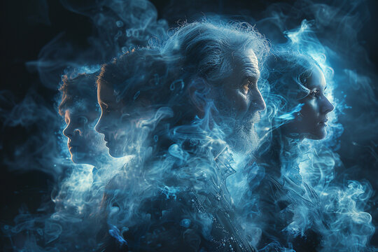 A collective consciousness of many faces - young, old, male, and female - emerging from an ethereal mist. A representation of the singularity, where individual minds merge into a transcendent, unified
