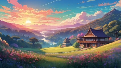ゲーム背景　アジアの田舎の山奥の隠れ里がある風景