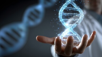 A hand holds a digital representation of a dna molecule.