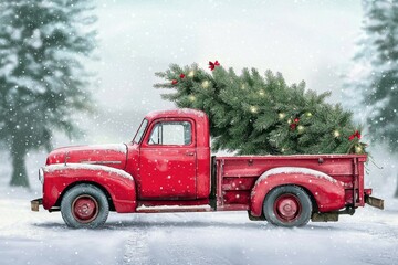 Nostalgic Christmas vibes with a truck and fir tree in tow.
