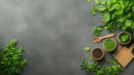 Gardening action with fresh herbs kitchen counter food preparation indoor setting top-down view culinary inspiration