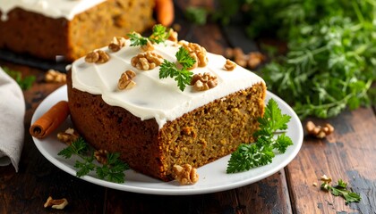 Carrot cake slice with cream cheese frosting, walnuts, and parsley garnish