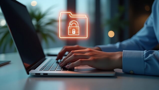 Closeup of a person's hands typing on a laptop, implementing cybersecurity measures with a glowing digital lock icon for data protection.
