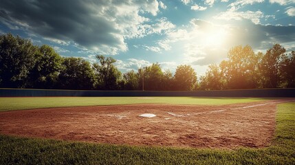 A baseball field is bathed in the warm glow of a late afternoon sun, with a dramatic sky overhead.