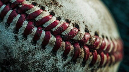 A close-up shot of a weathered baseball, showcasing its stitched leather surface and worn texture, set against a dark background.