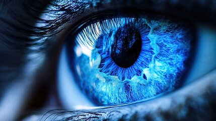 A highly detailed close-up of a vibrant blue eye with intricate patterns and glowing light, creating a surreal and mesmerizing effect.