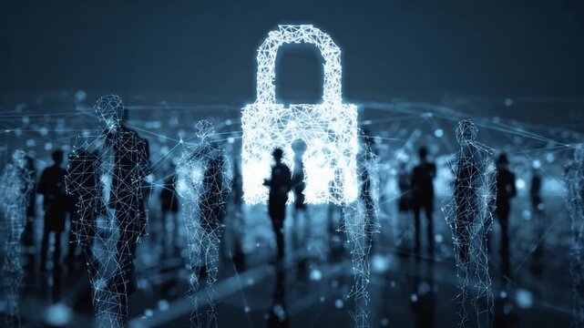 Digital Security in the Cyber World: A stylized visual of people representing digital connection, encircled by a luminous padlock.