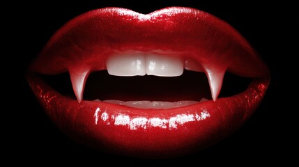 Glossy red lips with sharp vampire fangs on black background – seductive gothic horror fantasy close-up
