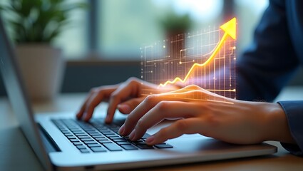 Business professional analyzing financial data on a laptop, with a glowing chart overlay showing market growth and investment success.