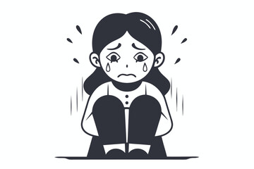 Crying Female Character with Tears in Monochrome on White Background Cartoon