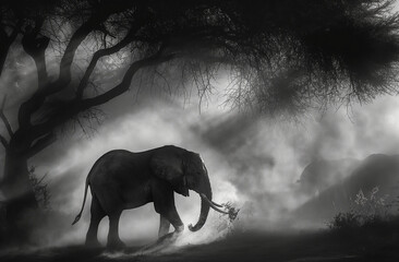 Black and white wildlife scene with elephant under dramatic light