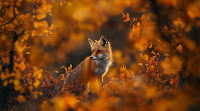 Red fox in autumn foliage, soft bokeh woodland scene