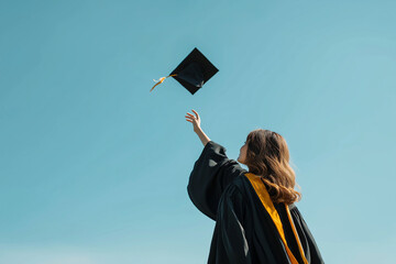 Young woman in graduation gown tossing cap at commencement, copy space