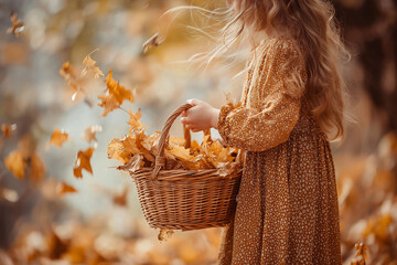 Little girl holding a wicker basket full of autumn leaves on a windy day