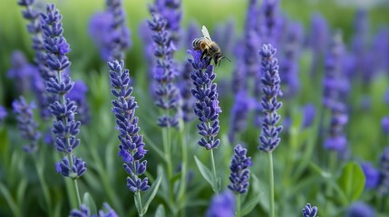 A honeybee diligently collects nectar from vibrant lavender flowers in a lush garden setting.