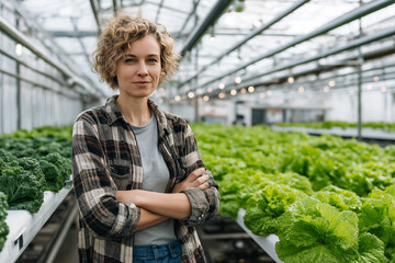 Young agronomist standing among leafy greens in high-tech hydroponic greenhouse