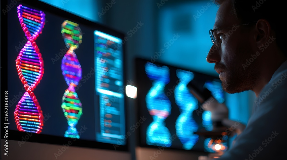 Poster focused scientist examines dna sequences on multiple computer screens.