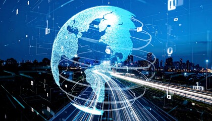 Global Network Data Flow Over City Highway at Night