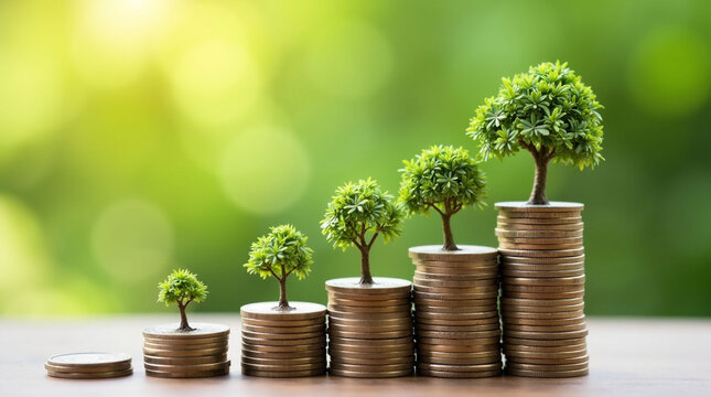 Small miniature trees growing on top of stacks of coins, symbolizing financial growth