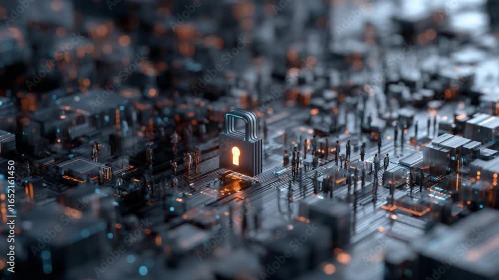 Poster cybersecurity fortress: a futuristic, illuminated motherboard with a central digital padlock conveys