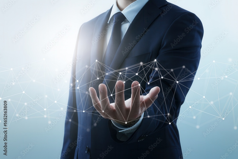 Aufkleber businessman holding abstract digital network,connected points,blue technology grid,futuristic data l