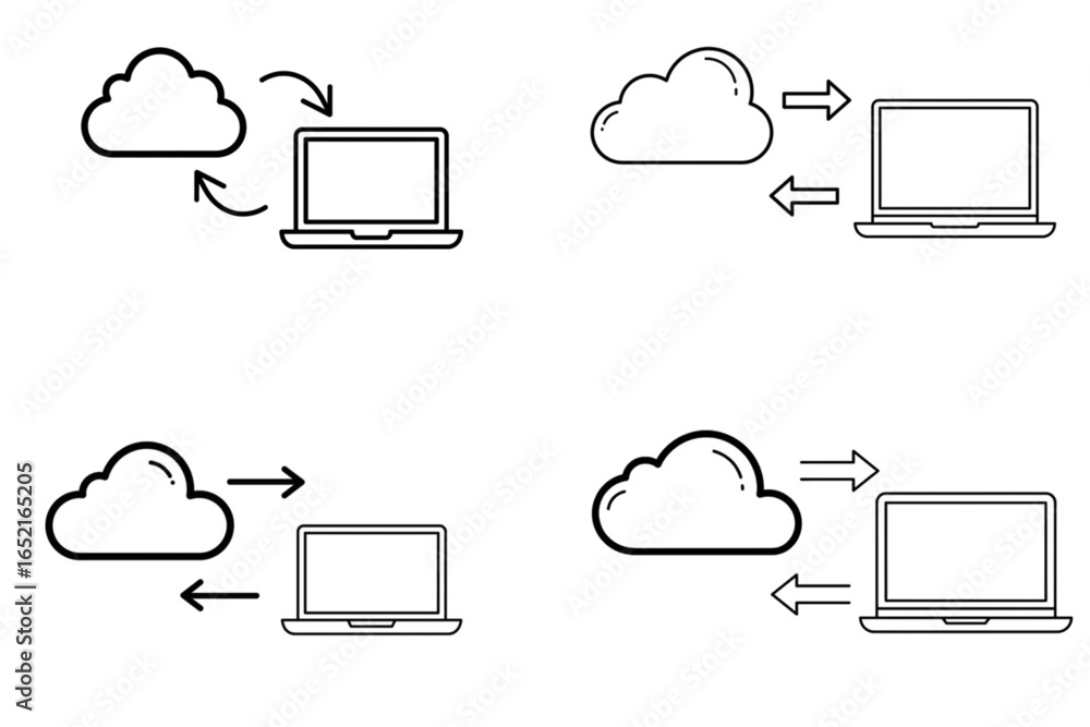 Fototapete group of four cloud computing icons depicting laptop synchronization, line art vector illustration, 