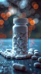 A clear bottle filled with white pills on a shiny surface
