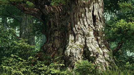 A large tree with a very thick trunk and many branches. The tree is surrounded by green leaves and is located in a large forest.