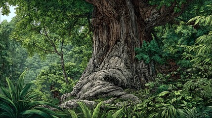 A large tree with a very thick trunk and many branches. The tree is surrounded by green leaves and is located in a large forest.