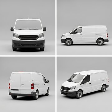 Set of white commercial cargo van views for branding mockup. Blank delivery vehicle isolated on grey background for logistics and transport concepts.