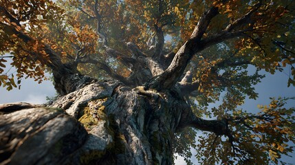 Close-up of a tree trunk with patterned bark and fallen leaves on top, symbolizing growth, change and flexibility.