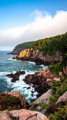 Fototapeta premium Rocky coastline, waves crashing against rugged cliffs, lush green foliage atop