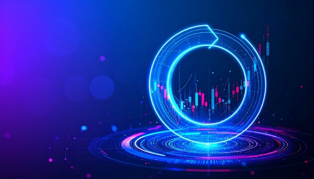 Futuristic Neon Financial Data Visualization with Circular Chart and Candlestick Patterns