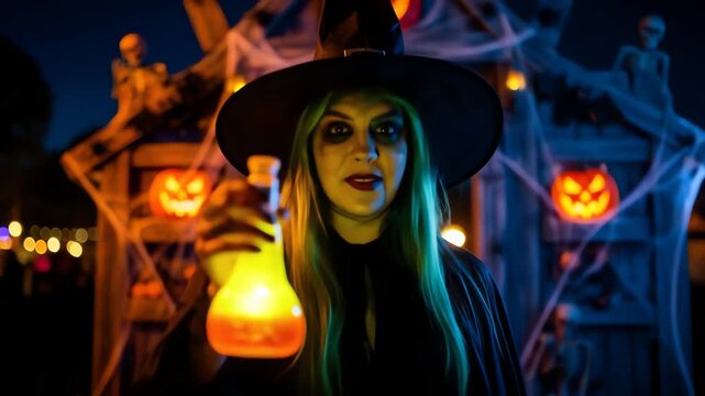 Witch holding glowing potion in front of Halloween decorations