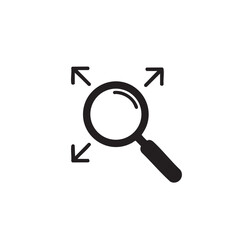 Magnifying glass and arrows representing search expansion and investigation concept in black and white for web design and business solutions