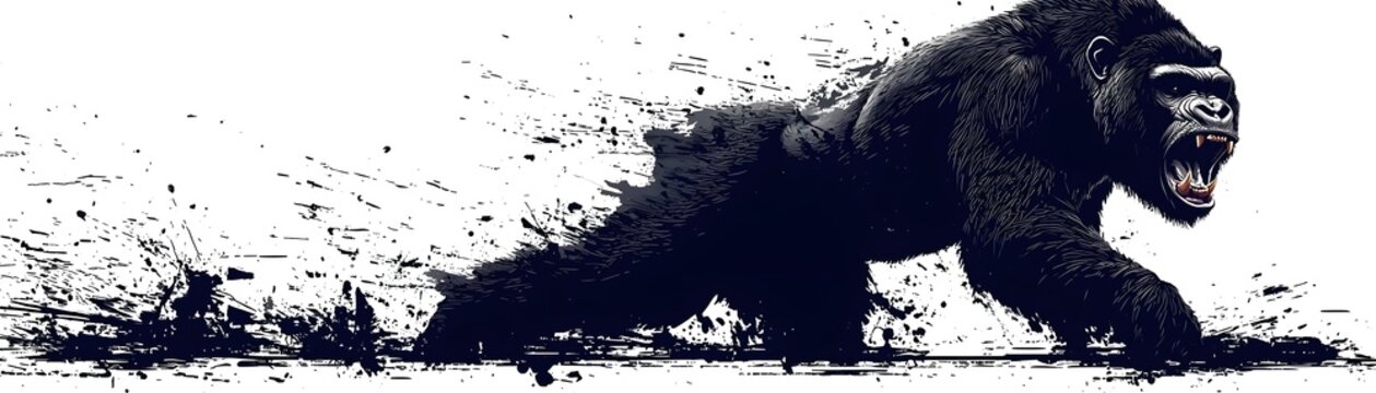 Fierce and primal gorilla in black ink