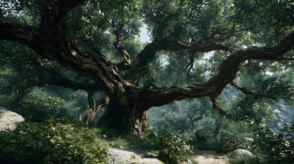 Massive ancient tree with sprawling branches and lush green canopy standing in a rocky landscape, symbolizing life, wisdom, and eternity, perfect for fantasy, nature, and inspirational themes.