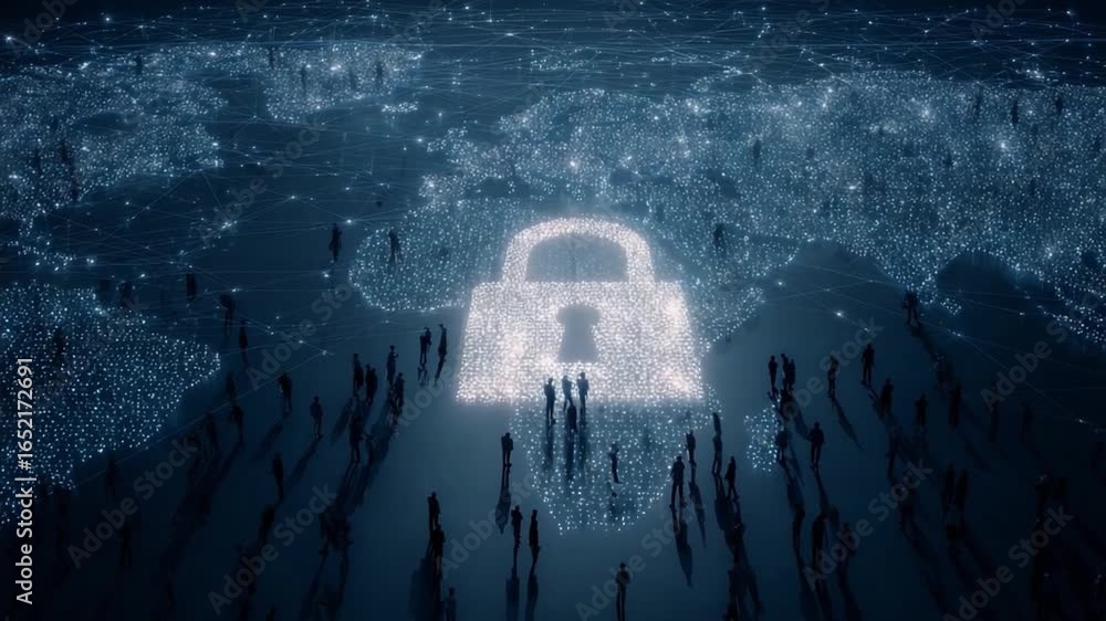 Poster digital fortress: a luminous padlock illuminates in a digital landscape with diverse figures, signif